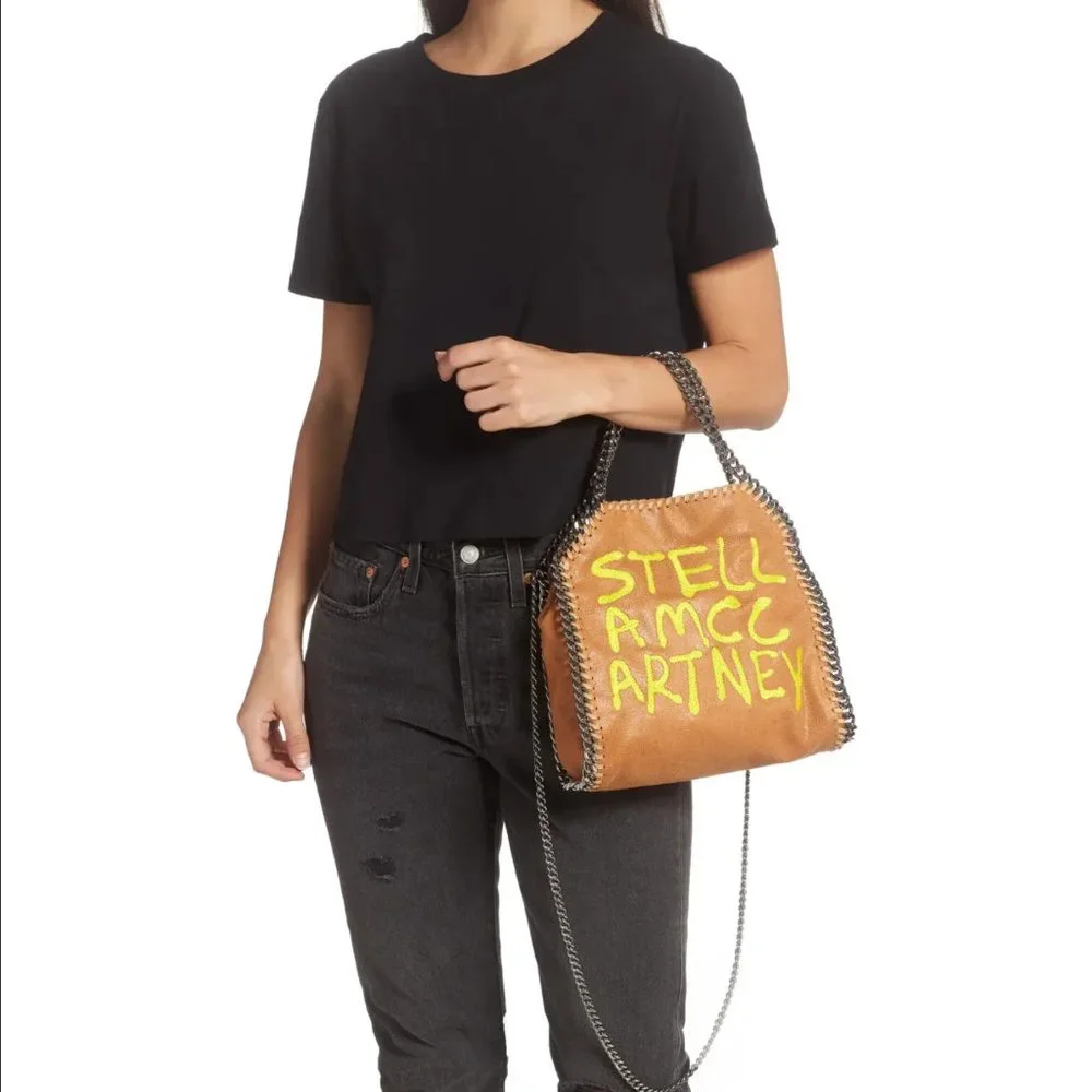 NWT: STELLA MCCARTNEY | Graffiti Yellow Embroidered Logo Falabella Brown 3 Mini - Picture 9 of 11